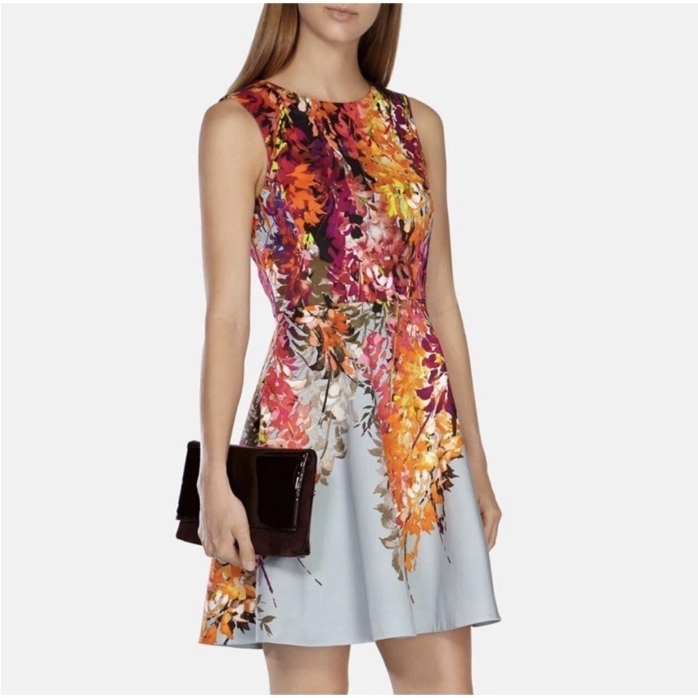 Karen Millen mini dress sleeveless flared floral classy pink gray 10 - Picture 13 of 14